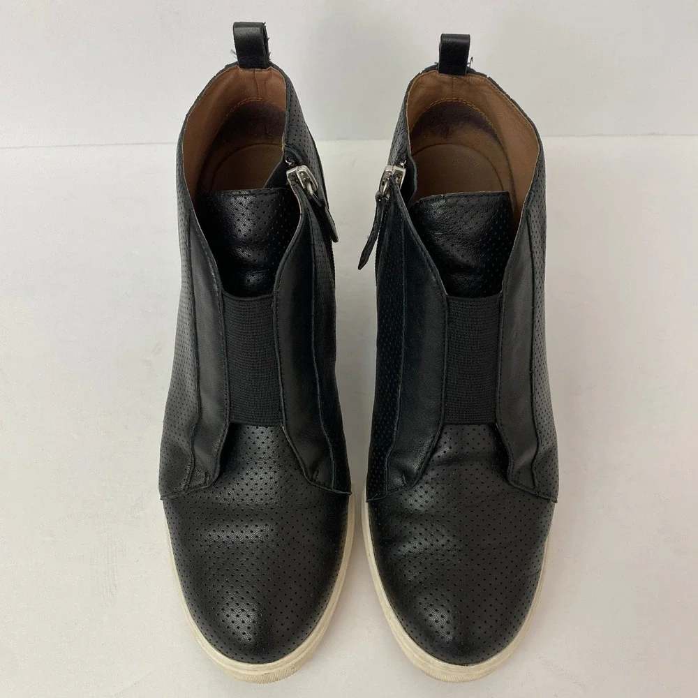 Linea Paolo, Felicia Black Perforated Leather Wedge Sneaker Booties Size 7.5